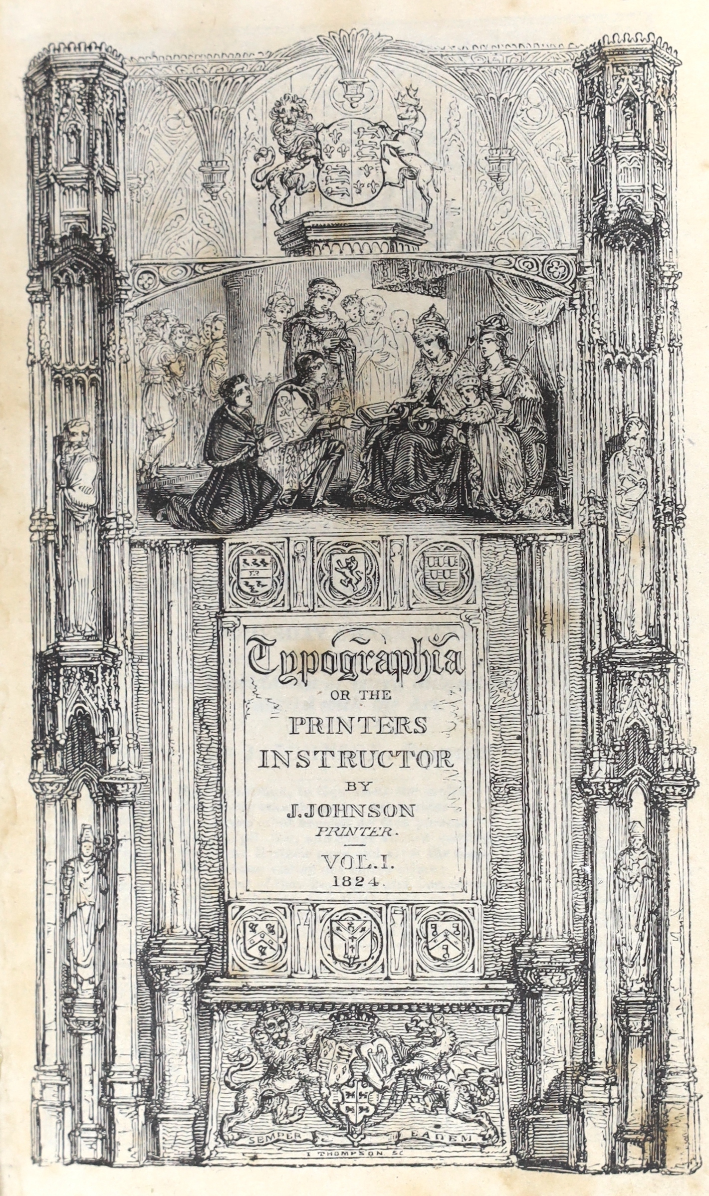 Johnson, John - Typographia, or the Printers Instructor, 2 vols, 16mo, half vellum with marbled boards, wood-engraved portraits, additional titles, and Roxburghe Club arms, illustrations and type-specimens, portrait of a